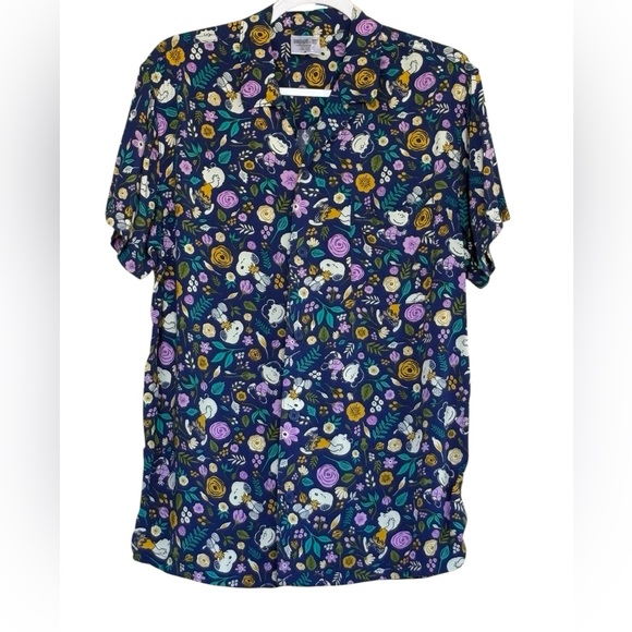 Peanuts Snoopy Charlie Brown & Lucy Flory Hawaiian Print Button Down Shirt Sz M - Picture 2 of 4